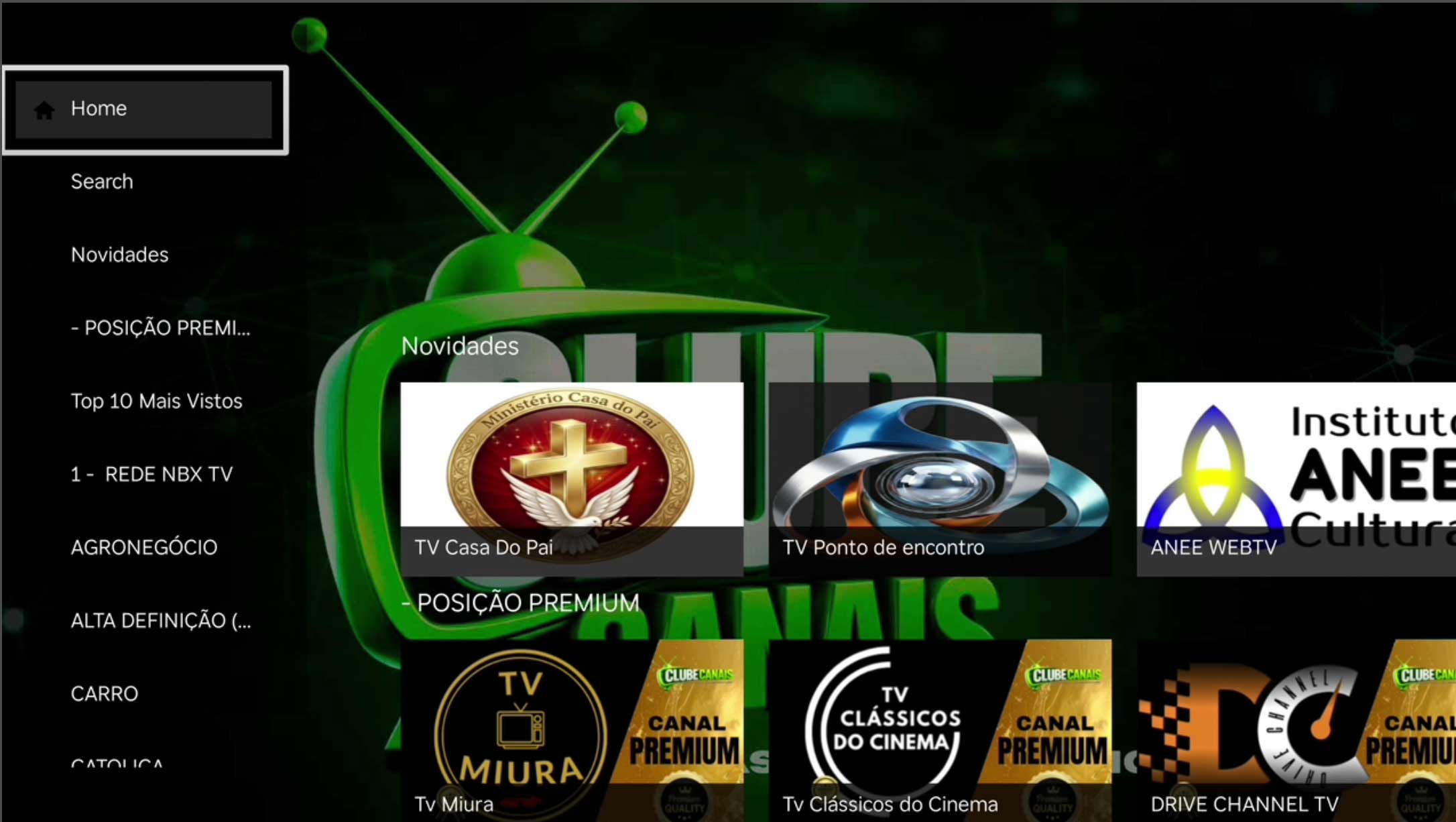 Canal com navegação por menu lateral